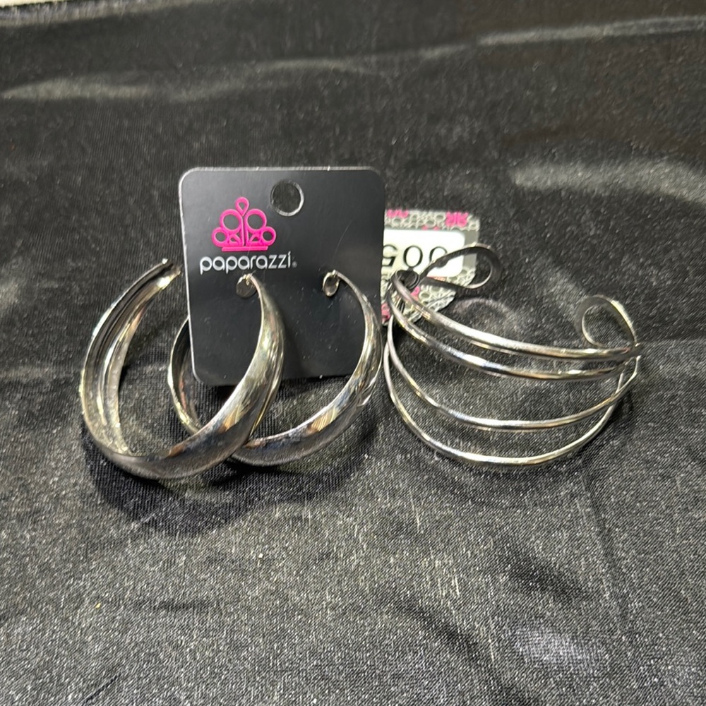 Paparazzi Silver Hoop Earrings and Cuff Set